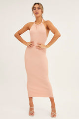 Pink Halter Dress Midi Knit Bodycon