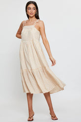 Check Midi Dress Sleeveless Tie Shoulder