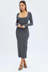 Grey Midi Dress Long Sleeve Bodycon Ribbed