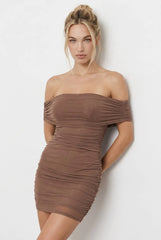Brown Off The Shoulder Mesh Mini Dress