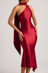 Asymmetric Scarf-Detail Midaxi Dress in True Red