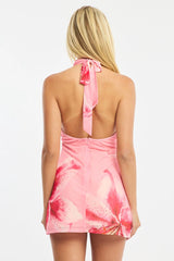 Pink Floral Mini Dress Cowl Neck