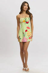 Green Abstract Mini Dress Ruched Bust