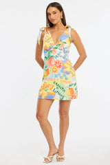 Multi Abstract A Line Mini Dress Sleeveless Linen Blend