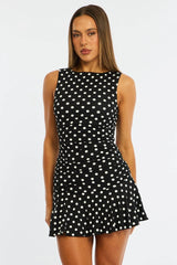 Black Polka Dot Mini Dress Boat Neck