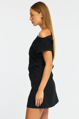 Black Asymmetrical Neckline Mini Dress