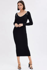 Black Midi Dress Long Sleeve Sweetheart Contrast Bind