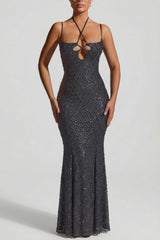 Embellished Cut-Out Asymmetric Midaxi Dress in Black