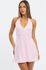 Pink Mini Dress Halter Neck Sequin