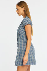 Blue Check Shirts Dress Collared Mini
