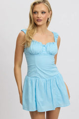 Blue Fit And Flare Dress Drop Waist Mini Poplin