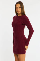 Red Knit Dress Long Sleeve Cable Mini