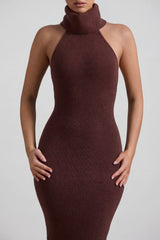 Ribbed-Knit Turtleneck Backless Maxi Dress in Espresso
