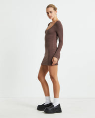 Larissa Scoop Neck Long Sleeve Mini Dress Chocolate Brown