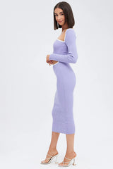 Purple Knit Dress Midi Long Sleeve Cut Out