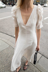 V-NECK PUFF SLEEVE MAXI DRESS