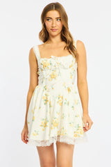 Yellow Floral Fit And Flare Dress Corset Detail Mini