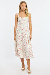 Red Ditsy Midi Dress Gathered Bust