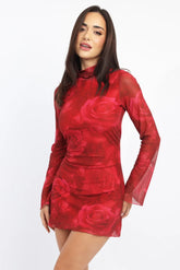 Red Floral Mini Dress High Neck Long Sleeve Mesh
