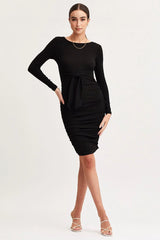 Black Bodycon Dress Long Sleeve Midi Ruched