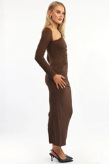 Brown Bodycon Dress Textured Midi