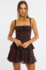 Black Ditsy Fit And Flare Dress Square Neck Mini