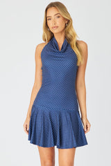 Blue Polka Dot Cowl Neck Mini Dress