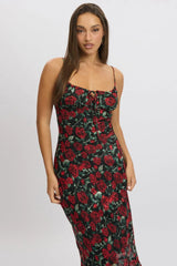 Red Floral Midi Dress Bias Chiffon