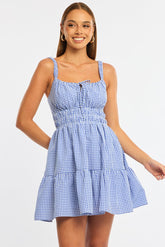 Blue Check Fit And Flare Dress Mini
