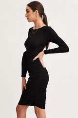 Black Bodycon Dress Long Sleeve Midi Ruched