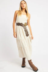 Beige Midi Dress Tiered Strappy