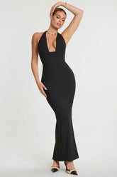 Woven Twill Halter Neck Plunge Maxi Dress in Black