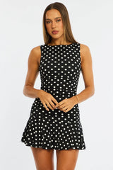 Black Polka Dot Mini Dress Boat Neck