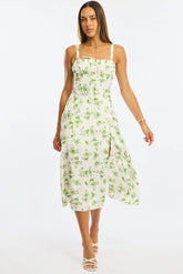Green Floral Midi Dress Gathered Bust