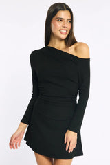 Black Singular Off Shoulder Mini Dress