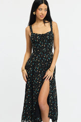 Black Ditsy Midi Dress Gathered Bust