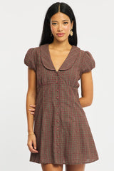 Red Check Shirts Dress Collared Mini