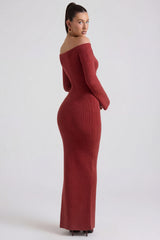 Ribbed-Knit Off-Shoulder Maxi Dress in Brick Red