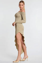 Long Sleeve Off-The-Shoulder Modal Cashmere Blend Maxi Dress in Taupe