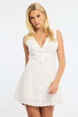 White Mini Dress V-neck Eyelet Fabric