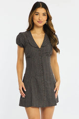 Brown Check Shirts Dress Collared Mini