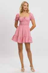 Red Check Fit And Flare Dress Puff Sleeve Mini