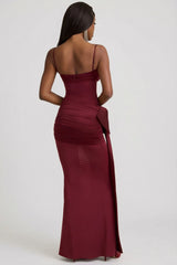 Bow-Detail Ruched Maxi Dress in Wine Red