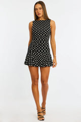 Black Polka Dot Mini Dress Boat Neck