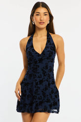 Blue Floral Halter Neck Mini Dress