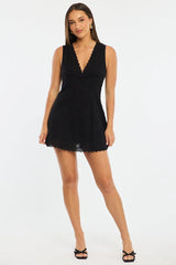 Black Mini Dress V-neck Eyelet Fabric