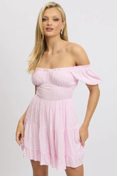 Pink Fit And Flare Dress Puff Sleeve Mini
