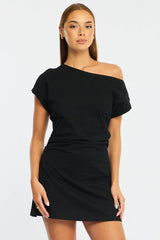 Black Asymmetrical Neckline Mini Dress