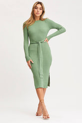 Green Tie Waist Dress Long Sleeve Midi