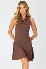 Brown Cowl Neck Mini Dress